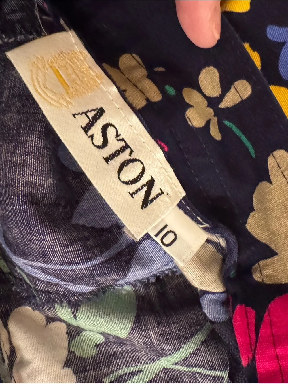 Vintage Aston Navy Floral A-Line Midi Skirt with Pink, White, Yellow & Green